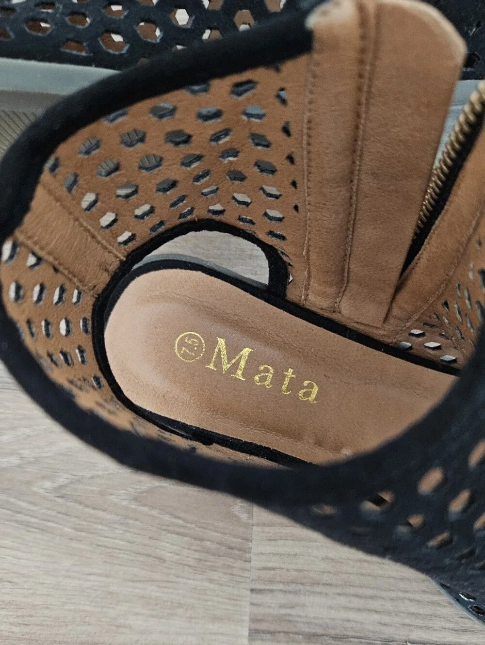 Mata Black Pinhole Peep-Toe Zip Sandals Size 7.5
